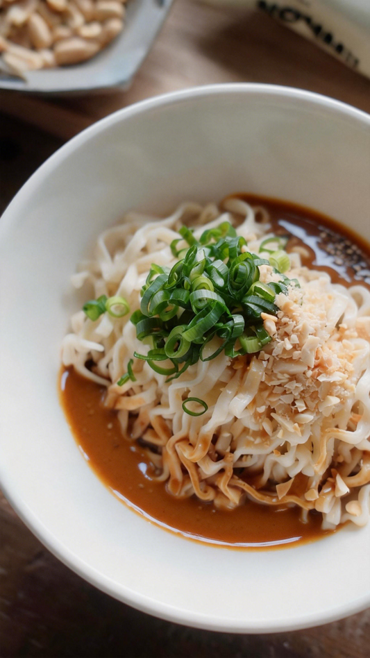 A bowl of NOMMii Silky Sesame Oat Noodles with glossy sesame sauce
