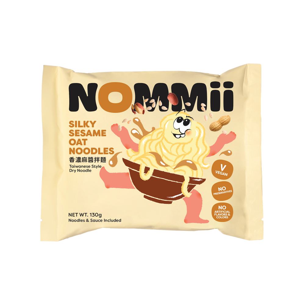 The Silky Sesame Oat Noodles pack beside sesame ingredients